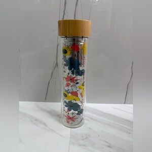 Double Wall Glass Water Bottle w/ Bamboo Lid Insulated Tea Infuser Bottle Floral
